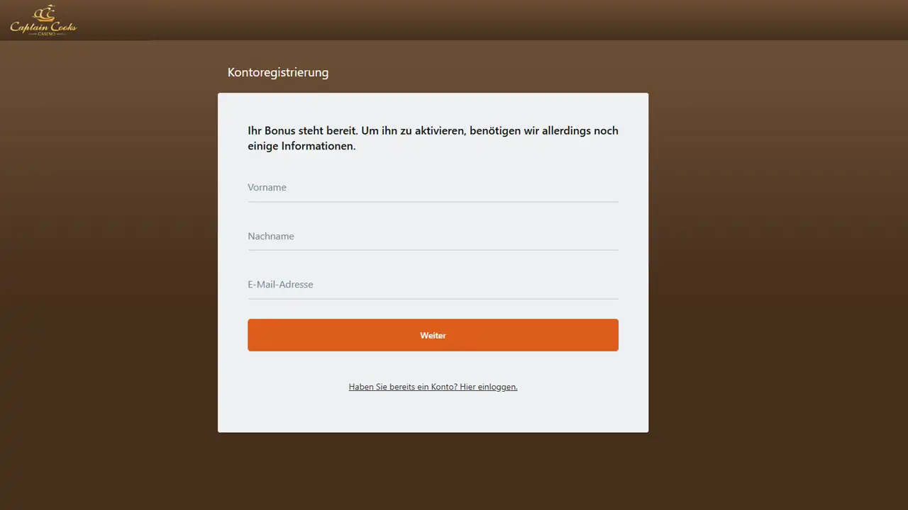Captain Cooks Casino – Registrierungsformular