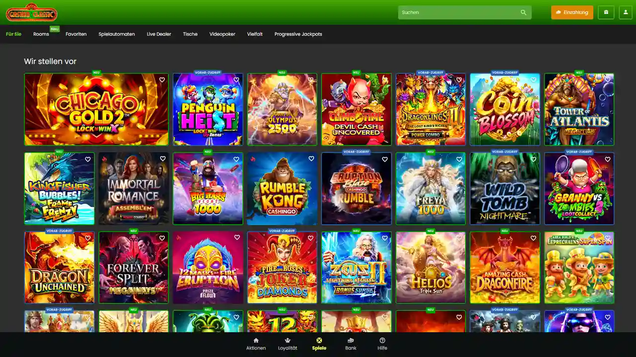 Spielauswahl und Spielautomaten in der Casino Classic Spielebibliothek