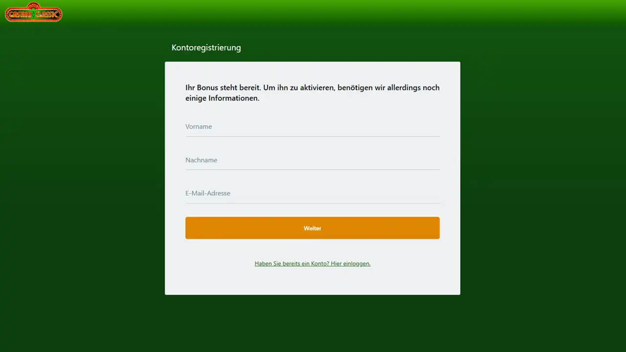 Registrierungsformular bei Casino Classic