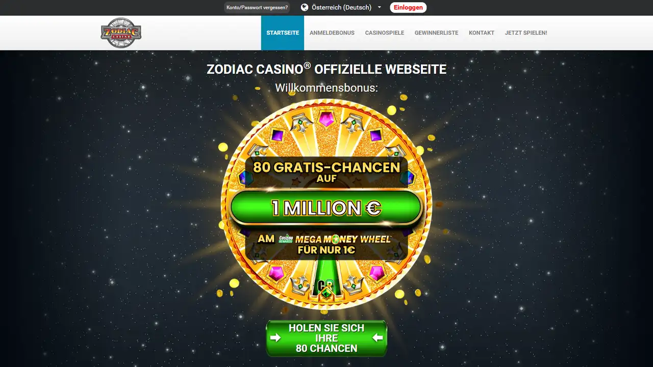 Zodiac Casino – Ansicht der Website
