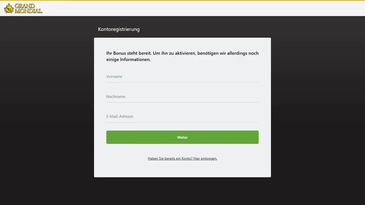 Grand Mondial Casino – Registrierungsformular