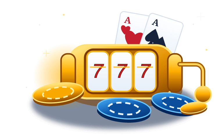 Goldener Spielautomat mit Spielkarten und Casinochips